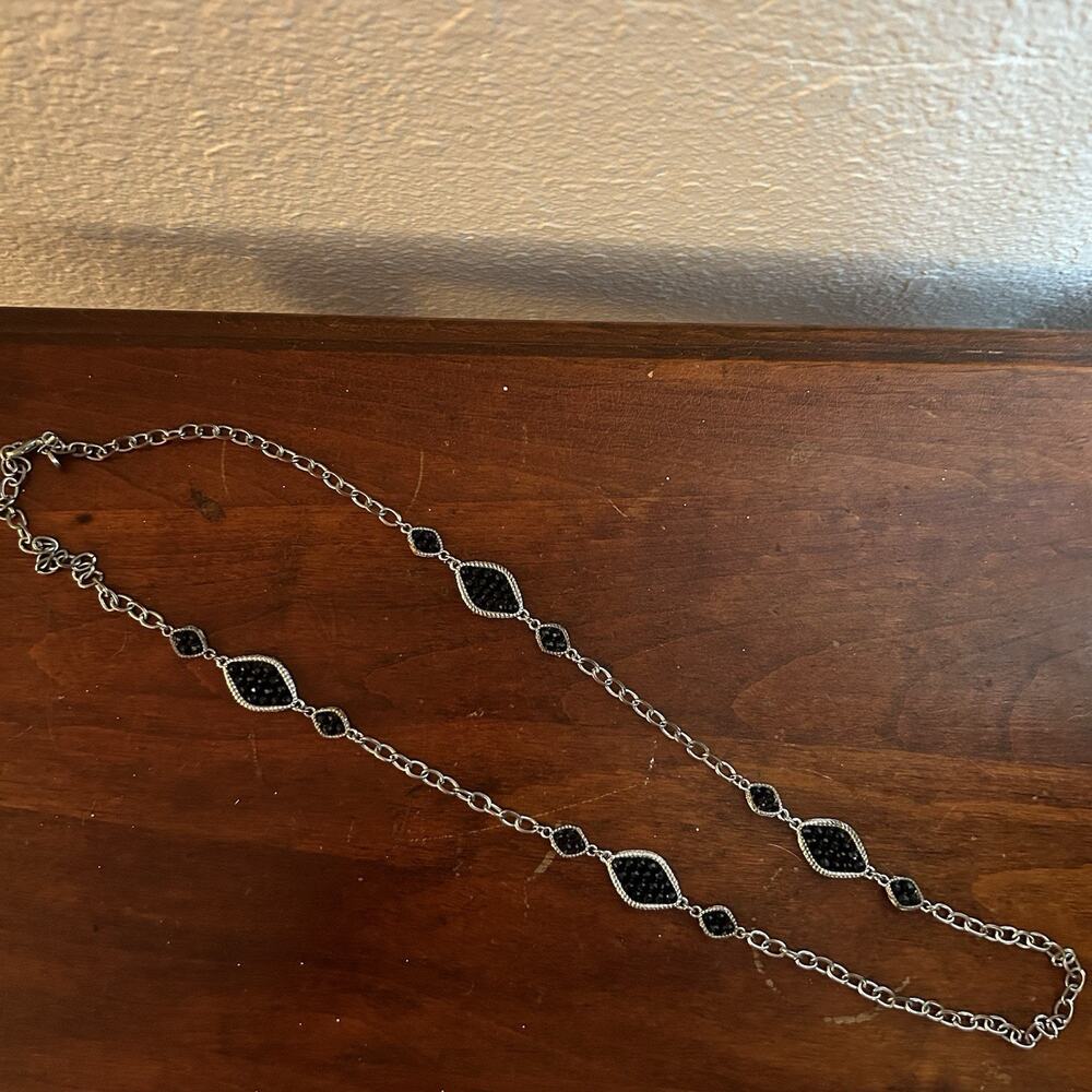 Vintage Silver Tone Black Crystal Station Necklace 36.5” Long Chain Statement